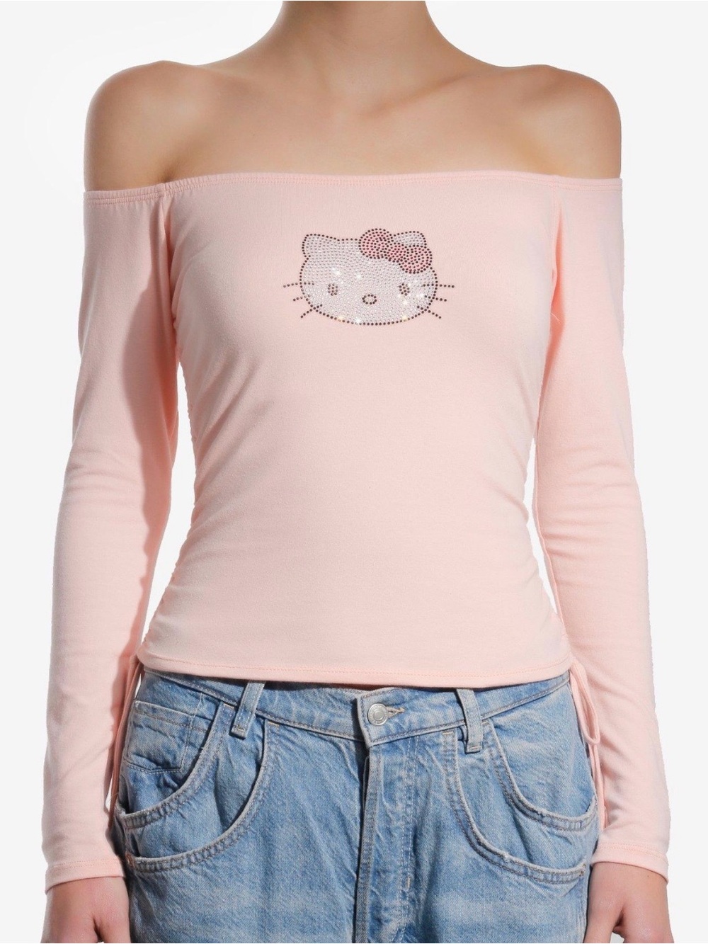 🆕 Hello Kitty Rhinestone Light Pink Off-Shoulder Ruched Long Sleeve Top - Picture 9 of 10